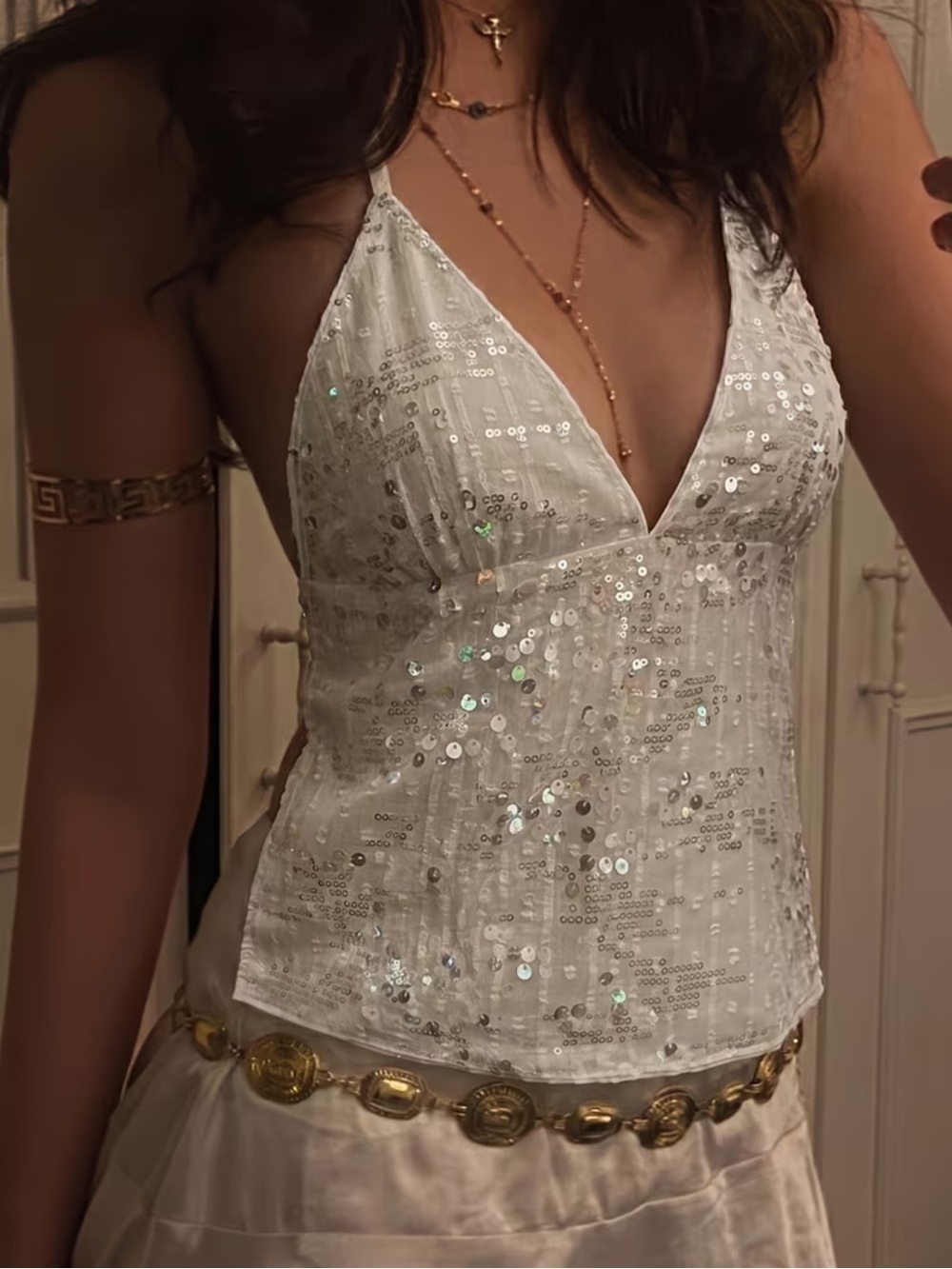 Summer Y2K Spicy Style White Sequin V-Neck Halter Tie-Back 1pc Backless Camisole